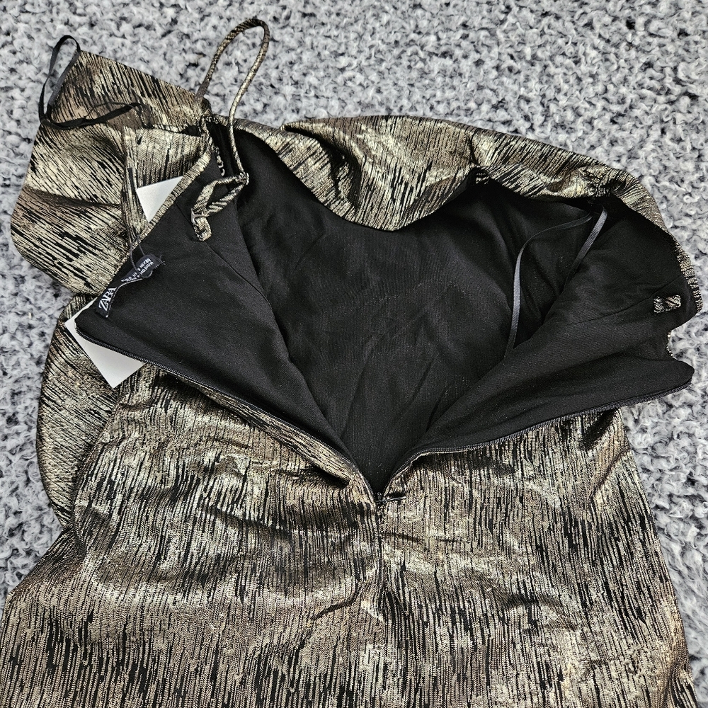 Zara Gold Metallic Mini Dress S Small Sleeveless Ruffled Bow Holiday Party - Picture 6 of 14